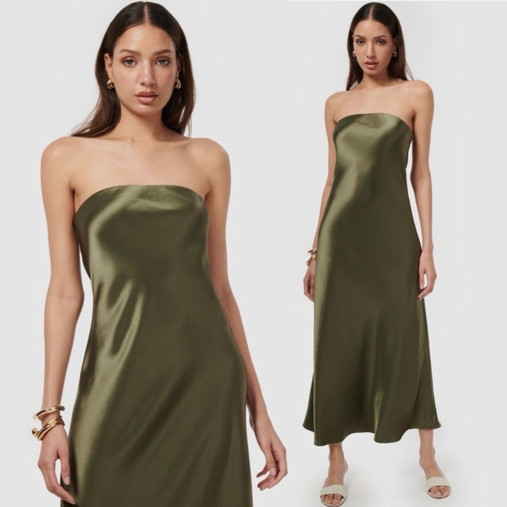 CAMI NYC Noelle Sencha Silk Satin Strapless Midi Maxi Dress in Olive Khaki Green